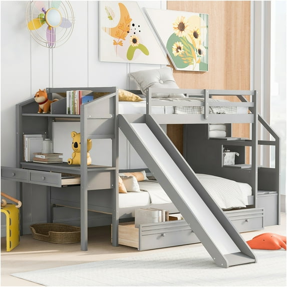 JERFIT Twin over Twin Bunk Bed with Staircase Storage, Slide, Desk & Shelves, Gray Space-Saving Bedroom Furniture