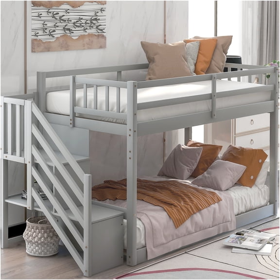 JERFIT Low Profile Twin Bunk Bed with Staircase Ladder & Storage, Gray, Solid Pine Wood, Space Saving Design for Bedroom, Guest Room