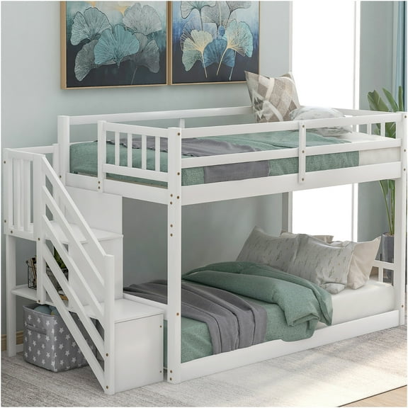 JERFIT Low Profile Twin Bunk Bed with Staircase Ladder & Storage, White, Solid Pine Wood