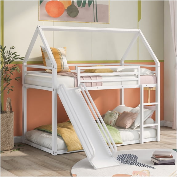 JERFIT White Twin Twin Metal House Bunk Bed with Slide & Ladder, Space Saving Bed Frame for Small Room