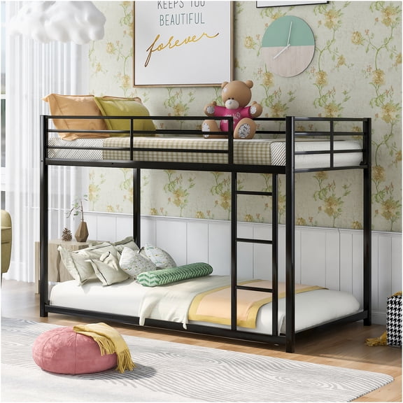 JERFIT Twin over Twin Low Profile Bunk Bed with Ladder, Space Saving Steel Frame, Black Bedroom Furniture