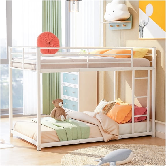 JERFIT White Metal Twin Bunk Bed with Ladder, Low Profile Space Saving Design for Bedroom, Durable Steel Frame Structure, Easy Assembly