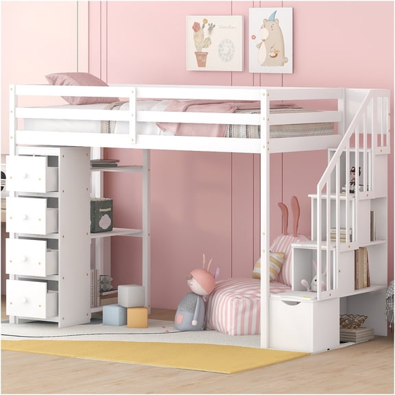 JERFIT White Twin Loft Bed with Staircase Drawers & Shelves, Space-Saving Study Bed with Storage, Solid Wood Structure for Dorm Room