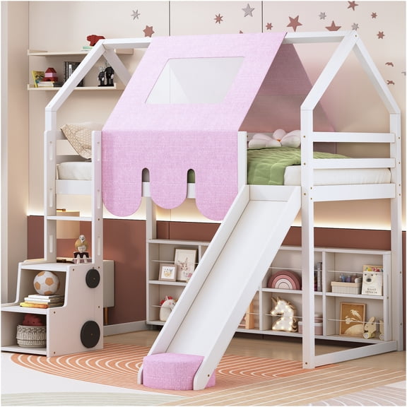 JERFIT White Twin Size House Loft Bed with Slide, Ladder, Tent & Storage for Space Saving and Playful Dcor