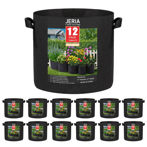 JERIA 12-Pack 10 Gallon, Vegetable/Flower/Plant Grow Bags, Aeration Fabric Pots with Handles (Black), Come with 12 Pcs Plant Labels