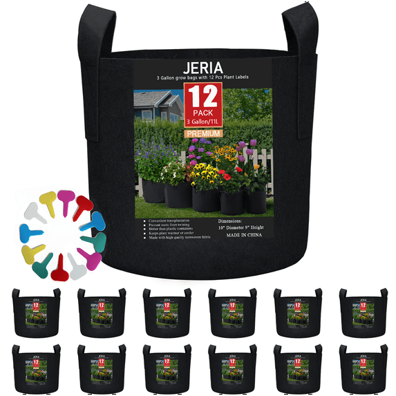 JERIA 3 gal Cylindrical Grow Bag with Handles (12 Count)