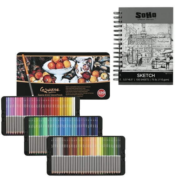 JERRY'S ARTARAMA 120 Watercolor Pencils Set with 5.5" x 8.5" 100 Sheet Ring Sketchpad - Soft Lead Colored Pencils for Adults, Professional Coloring Pencils for Adult Coloring Books and School Supplies