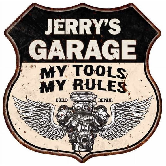 JERRY'S Garage My Tools My Rules V8 Wings 12x12 Metal Sign 211110026042