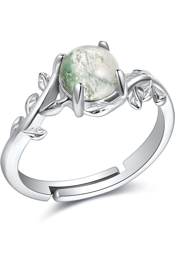 JERWLI Moss Agate Ring 925 Sterling Silver Adjustable Ring Nature Moss Agate Rings Moss Agate Engagement Ring Moss Agate Jewelry Gifts for Women