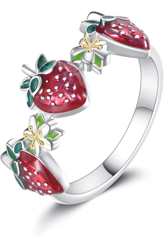 JERWLI Strawberry Ring 925 Sterling Sliver Kawaii Fruit Rings Strawberry Jewelry Gifts Themed for Women Lover
