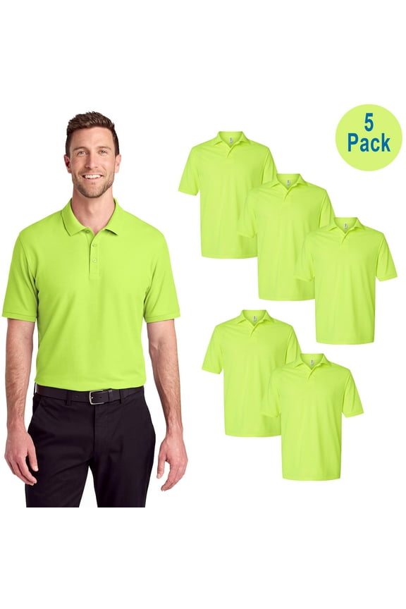 Dri-Power Polo Shirt, Men’s High Visibility, Short Sleeve, Safety Green, 5 Pack, Size S