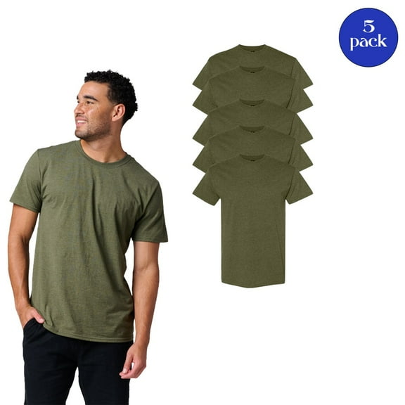 JERZEES Dri-Power Short Sleeve T-Shirt for Men, Rib Collar Casual Military Green Tee, 5 Pack, S