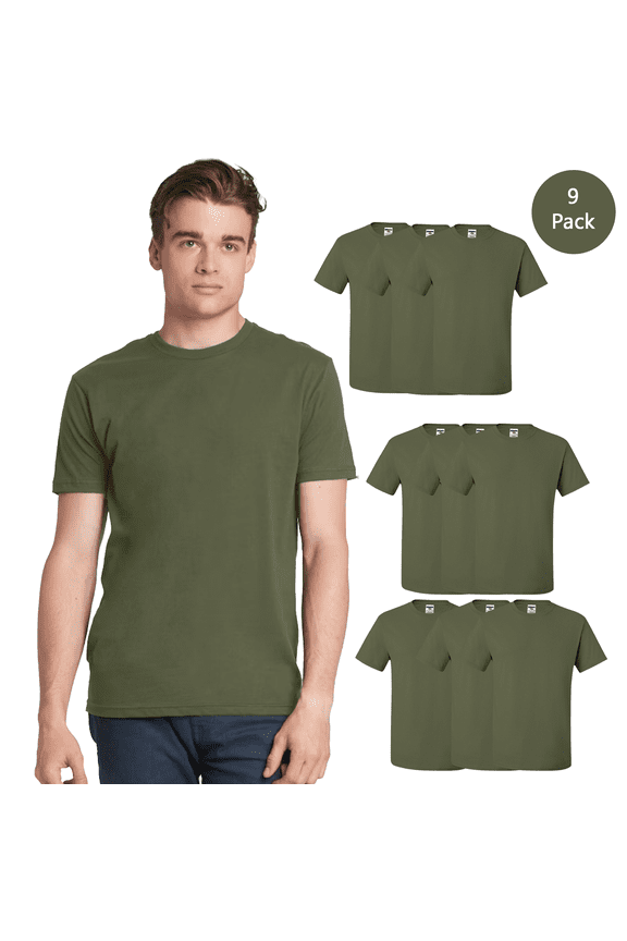 Dri-Power Short Sleeve T-Shirt for Men, Rib Collar Casual Military Green Tee, 9 Pack, S