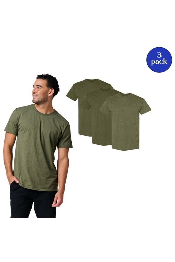 Dri-Power Short Sleeve T-Shirt for Men, Rib Collar Casual Military Green Tee, 3 Pack, S