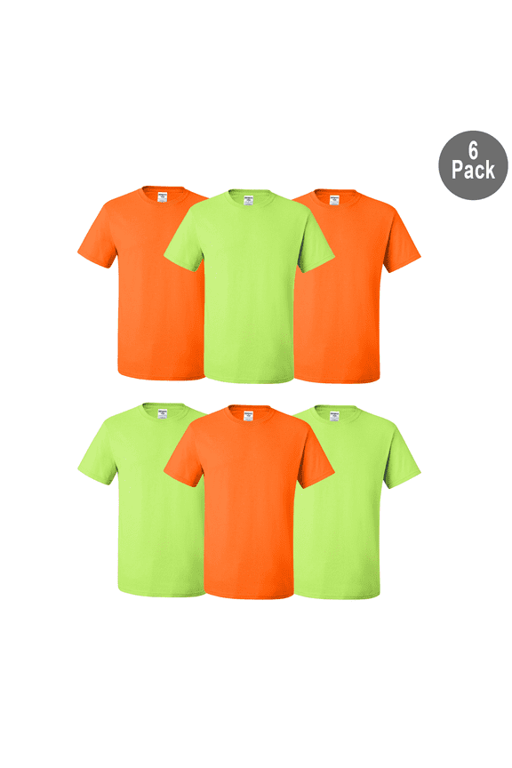 Men Dri-Power Performance Hi Vis T-Shirt, Short Sleeve Tee, Safety Orange-Green, S, 6 Pack