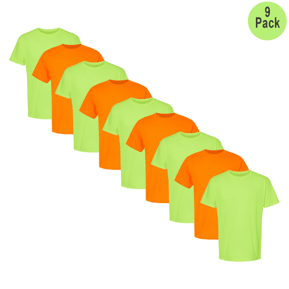 JERZEES Men's Dri-Power 50/50 T-Shirt, Short Sleeve, 9-Pack, Hi-Vis Safety Green/Orange, Size S