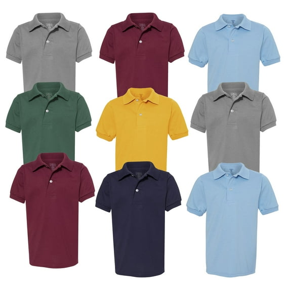 JERZEES Youth Polo T - Shirt, Short Sleeve SpotShield Fabric and Ribbed Cuffs – M Size | Assorted Colors Tee - 5.4 oz, Pack 9