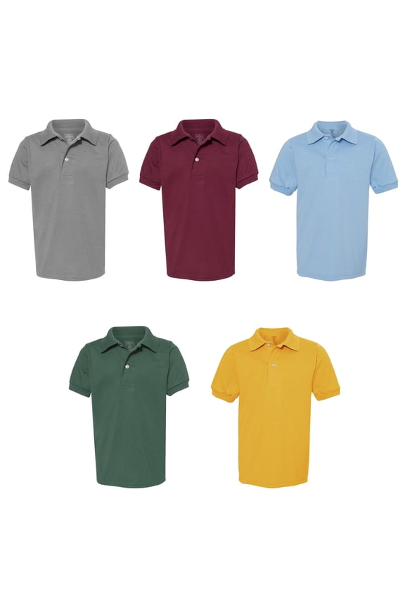 Youth Polo T - Shirt, Short Sleeve SpotShield Fabric and Ribbed Cuffs – S Size | Assorted Colors Tee - 5.4 oz, Pack 5