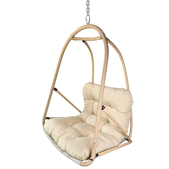 JESE Foldable Swing Egg Chair and Detachable Cup Holder, Indoor Outdoor Hanging Chair with Cushion, for Patio, Garden, or Balcony, Khaki, 300lb Capacity