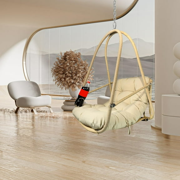 JESE Swing Egg Chair Without Stand Foldable Frame Hanging Chairs for Indoor Outside,with UV Resistant Waterproof Cushion and Cup Holder,Swing Hammock Chairs for Patio,Bedroom,Balcony, Garden-Khaki