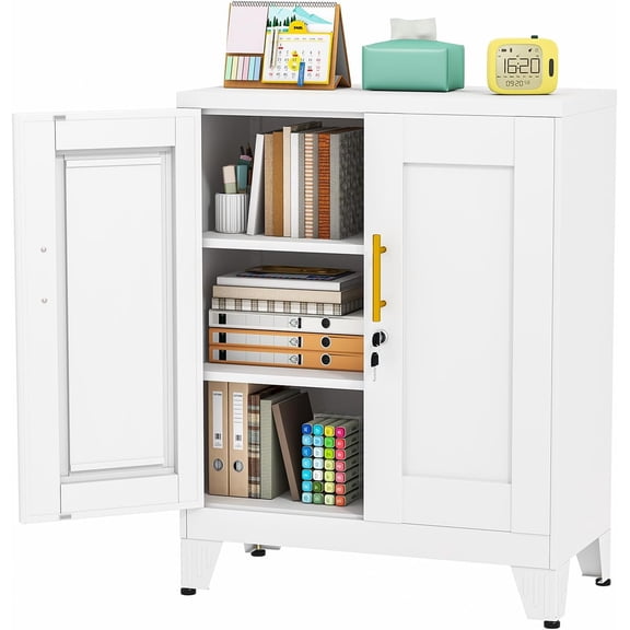 JESIN 35.43" Metal Storage Cabinet with Lock, Metal File Cabinet with 2 Doors 2 Adjustable Shelves, Steel Locker Utility Tool Garage Cabinets for Home, Office, Warehouse (White)