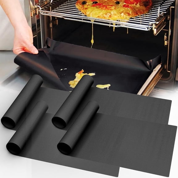 JESIN 4 Pack Thickened Black Oven Liners for Bottom of Oven , Reusable 16x24 Inch Heavy Duty Non Stick Teflon Oven Mats, Fit Electric Gas Toaster Convection Microwave Ovens Grills