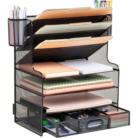 JESIN Mesh Desk Organizer, 6 Compartments, 1 Drawer, 2 Pen Cups, Office Desktop Organizer, Metal Mesh, Black