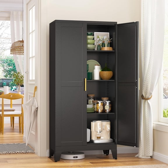 JESIN Metal Utility Storage Cabinet with 2 Doors & 3 Adjustable Shelves, Black Pantry Cabinet for Kitchen, Laundry Room Storage