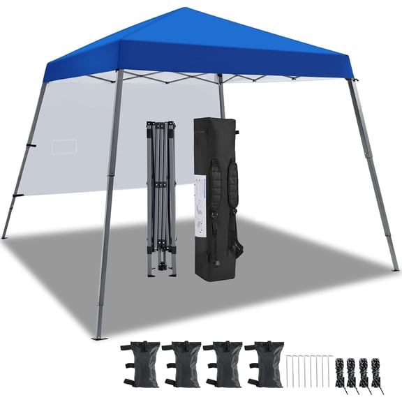 JESIN Pop Up Canopy Tent with Backpack, 10x10 Base Portable Easy One Person Setup Folding Shelter Compact Lightweight Slant Leg Canopy with 1 Sidewall, 8x8 Top, Blue