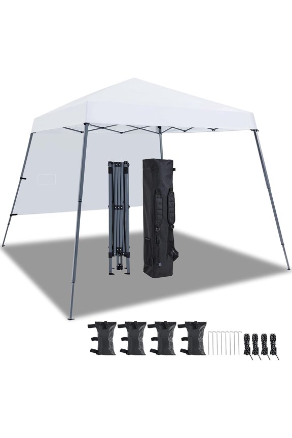 Pop Up Canopy Tent with Backpack, 10x10 Base Portable Easy One Person Setup Folding Shelter Compact Lightweight Slant Leg Canopy with 1 Sidewall, 8x8 Top, White