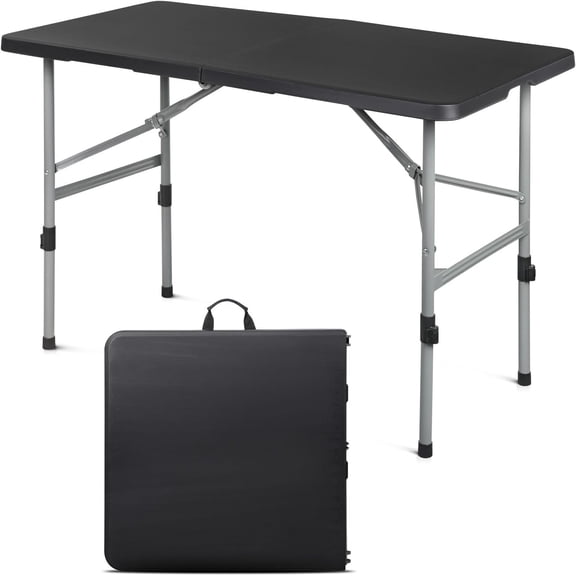 JESIN Portable 4ft Folding Table with Carry Handle, Plastic Tabletop & Steel Legs Multipurpose Table for Wedding Camping Indoor Outdoor Use, Black