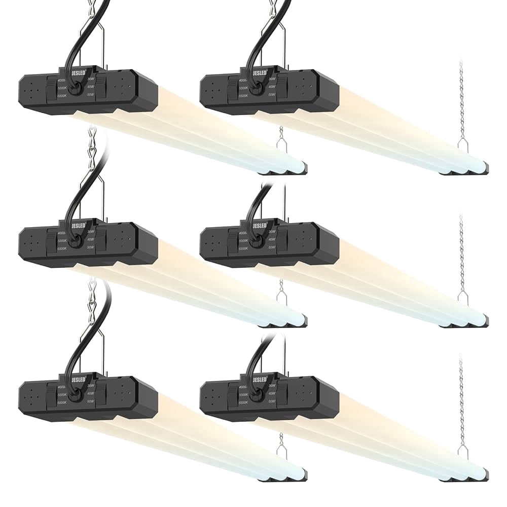 JESLED 4FT LED Shop Lights, Black, 30W/40W/50W Adjustable, 4000K/5000K/6500K Selectable, 5400-7500LM, ETL, Commercial Linkable Utility LED Light for Garage, Ceiling & Suspension Mount, 6-Pack