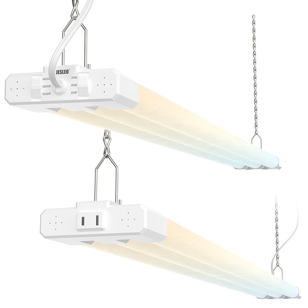 JESLED 4FT LED Shop Lights, White, 30W/40W/50W Adjustable, 4000K/5000K/6500K Selectable, 5400-7500LM, ETL, Commercial Linkable Utility LED Light for Garage, Ceiling & Suspension Mount, 2-Pack