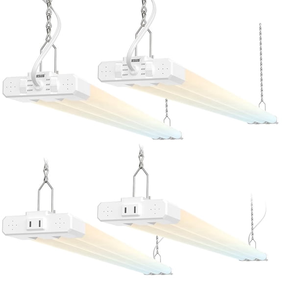 JESLED 4FT LED Shop Lights, White, 30W/40W/50W Adjustable, 4000K/5000K/6500K Selectable, 5400-7500LM, ETL, Commercial Linkable Utility LED Light for Garage, Ceiling & Suspension Mount, 4-Pack