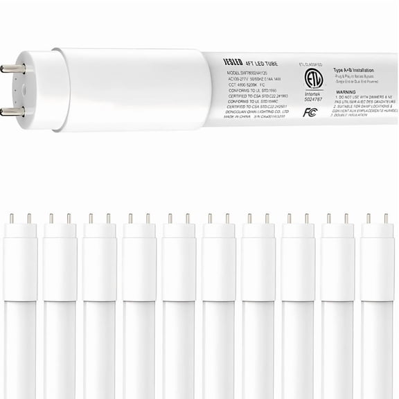 JESLED T8 LED Bulbs 4FT,Type A+B,14W 2450LM 5000K Daylight White, Single or Double End Power, Plug & Play or Ballast Bypass, G13, T8 T10 T12 LED Replacement,Frosted Cover, ETL Certified, 10 Pack