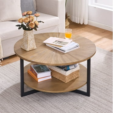 JESONVID 35" Round Coffee Table, Solid Wood Coffee Table with Storage, Modern Farmhouse Coffee Tables for Living Room Bedroom, Nature