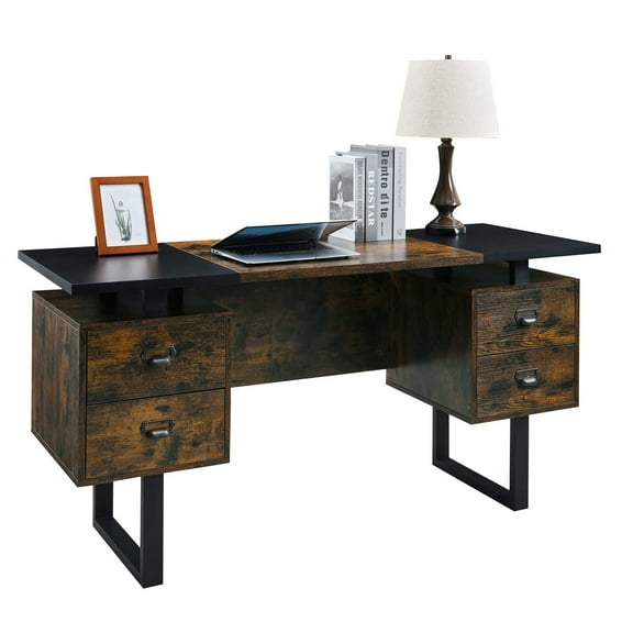 JESONVID Computer Desk with Drawers, 59"L Contemporary Home Office Laptop Desk with Floating Desktop and 4 Storage Drawers（Black & Rustic Brown）