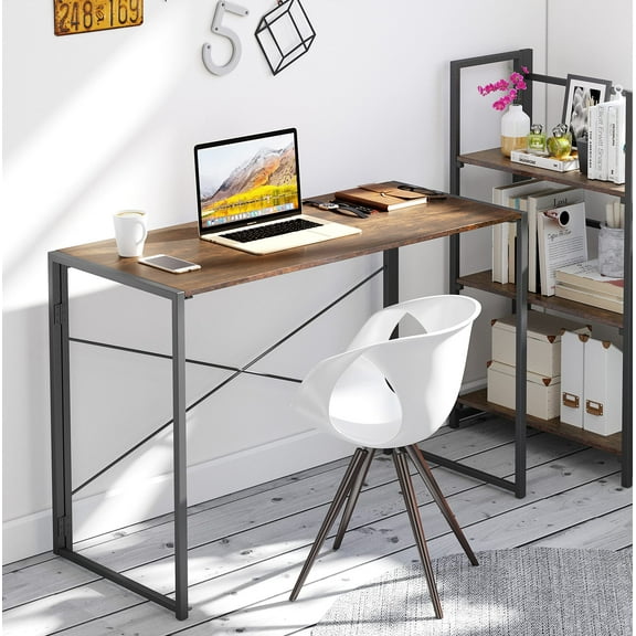 JESONVID Computer Writing Desk 40 inch, Sturdy Home Office Folding Table Work Desk with Desktop Install Only, Stable Metal Frame Workstation, Rustic Brown ZDSZ20401RC