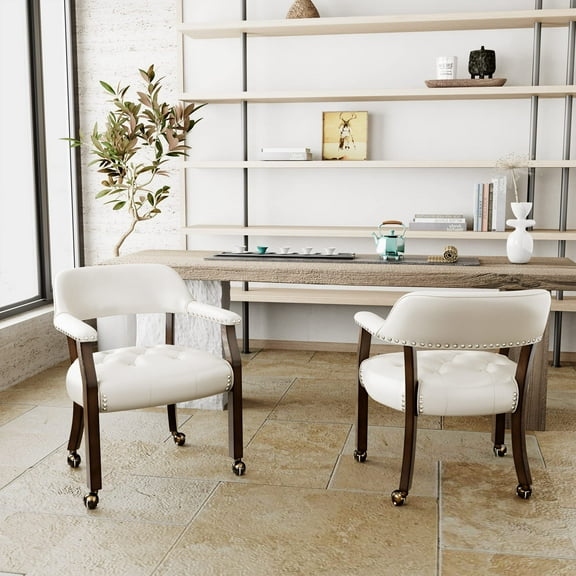 JESONVID Dining Chair with Casters Set of 2, Captain's Chair with Caster Dining Room Chairs with Rollers Curving Backrest Dinette Sets Poker Chair with Wheels Kitchen Table Rolling Chairs,White 318WT