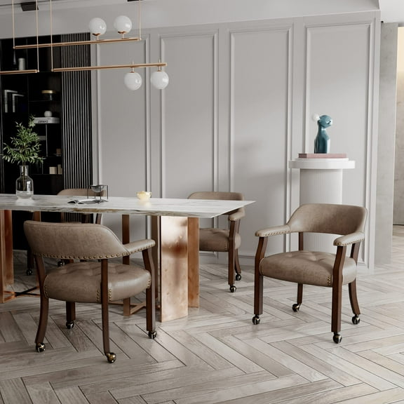 JESONVID Dining Chair with Casters Set of 2, Captain's Chair with Caster Dining Room Chairs with Rollers Curving Backrest Dinette Sets Poker Chair with Wheels Kitchen Table Rolling Chairs,Light Wheat