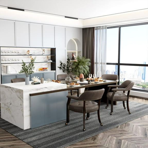 JESONVID Dining Chair with Casters Set of 2, Captain's Chair with Caster Dining Room Chairs with Rollers Curving Backrest Dinette Sets Poker Chair with Wheels Kitchen Table Rolling Chairs,Dark Brown