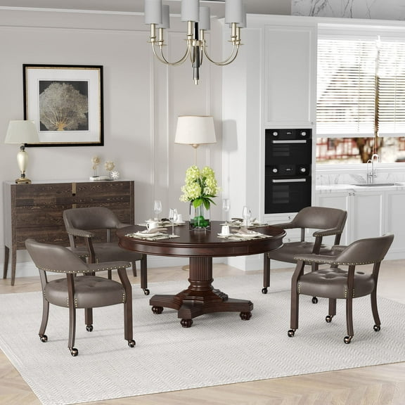 JESONVID Dining Chair with Casters Set of 4, Captain's Chair with Caster Dining Room Chairs with Rollers Curving Backrest Dinette Sets Poker Chair with Wheels Kitchen Table Rolling Chairs,Dark Brown