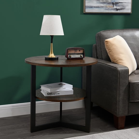 JESONVID End Table with 2-Tire Storage Shelf, Round Wood End Table for Living Room Home, 25.2"