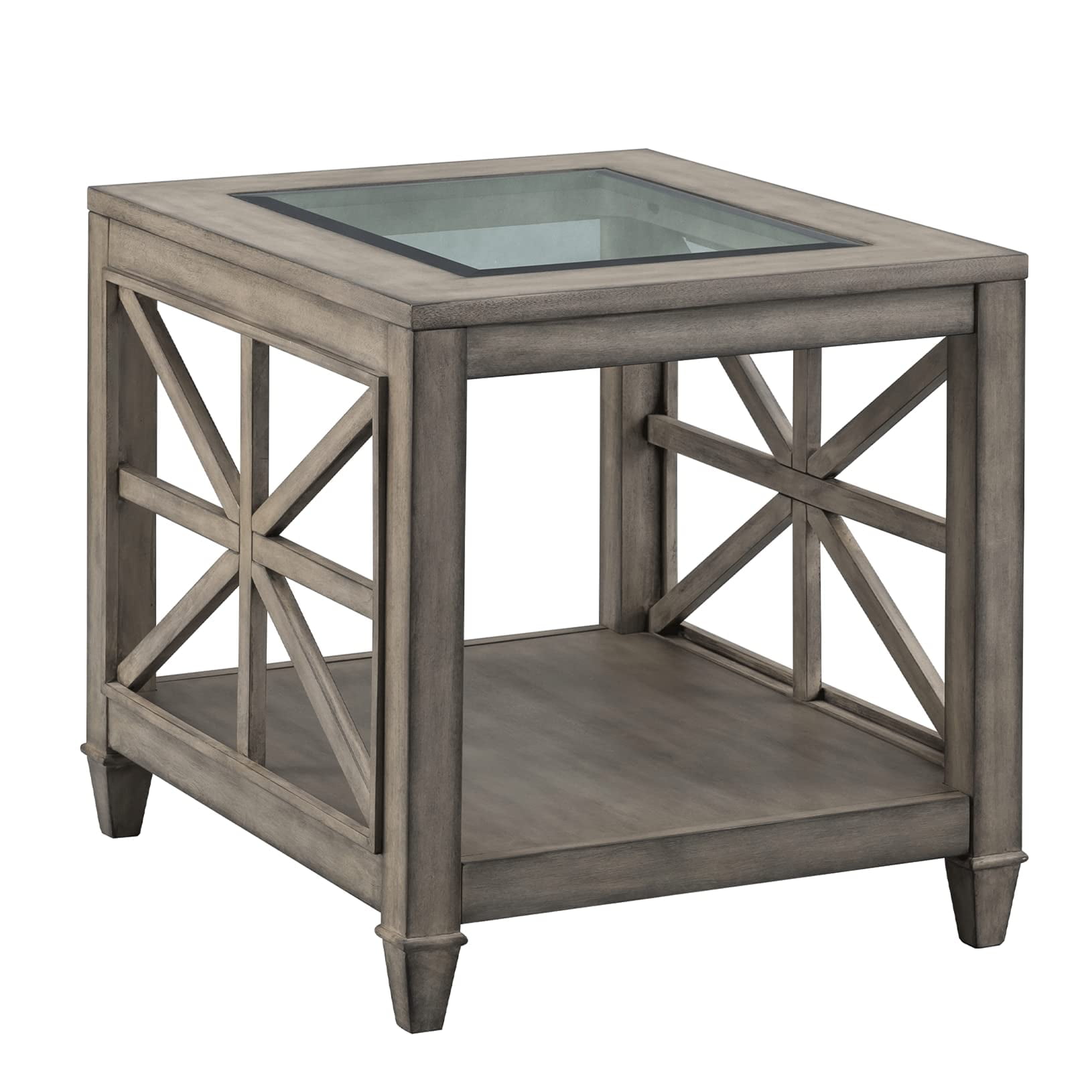 Antique Gray Solid Wood End Table with Glass Top