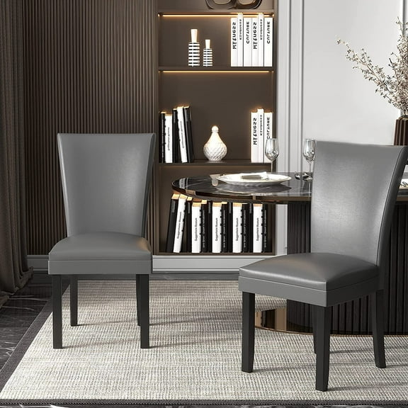 JESONVID Faux Leather Upholstered Parsons Dining Chair with High Backrest, Kitchen Accent Side Chairs with Solid Wood Legs Armless Dining Room Chair, Grey （Set of 2）