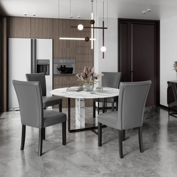 JESONVID Faux Leather Upholstered Parsons Dining Chair with High Backrest, Set of 4 Kitchen Accent Side Chairs with Solid Wood Legs Armless Dining Room Chair, Grey 1331GY