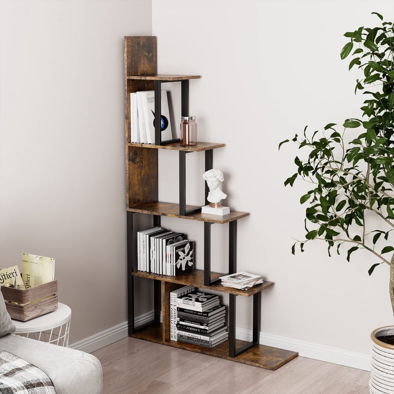 JAMFLY 5-Tier Corner Bookshelf, Industrial Corner Bookcase, Book Shelves With Metal