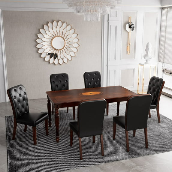 JESONVID Leather Tufted Dining Chairs Set of 6, Upholstered Classic Kitchen Chairs with Wood Legs Parsons Dining Chair Set for Kitchen Dining Room Bedroom,1533BB