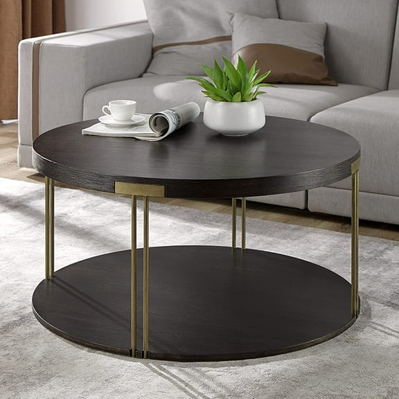 JESONVID Round Industrial Coffee Table, 2-Tier 35" Metal Frame Round Accent Cocktail Table with Storage Shelf Solid Wood Circle Tabletop Center Table for Home Living Room Bedroom, Vintage Black