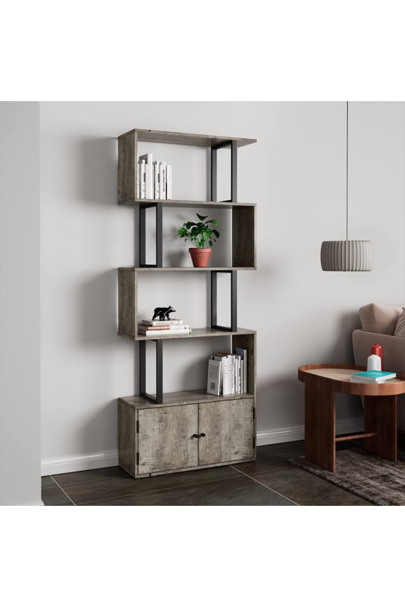 S Shaped Bookshelf 5-Tier Z-Shaped Display Shelf and Bookcase Industrial Modern Normcore Freestanding Decorative Storage Bookshelves Shelving for Home Office Nudeivory